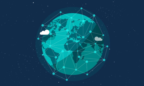 A graphic image of the world globe with dots and lines used to show worldwide connection through global communication