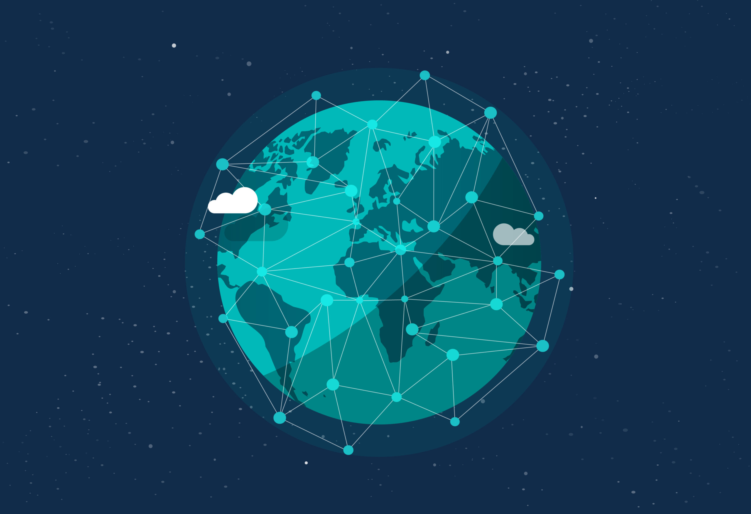 A graphic image of the world globe with dots and lines used to show worldwide connection through global communication