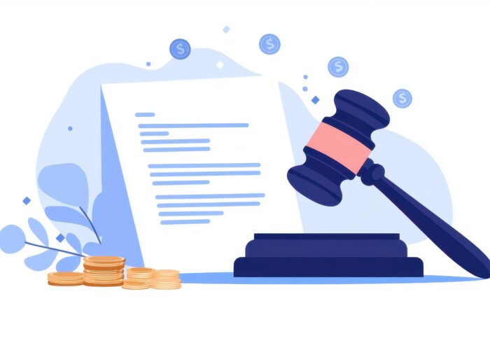 This illustration features a gavel beside a financial document and coins, symbolizing the intersection of law and finance, representing justice and economic transactions in a modern context.