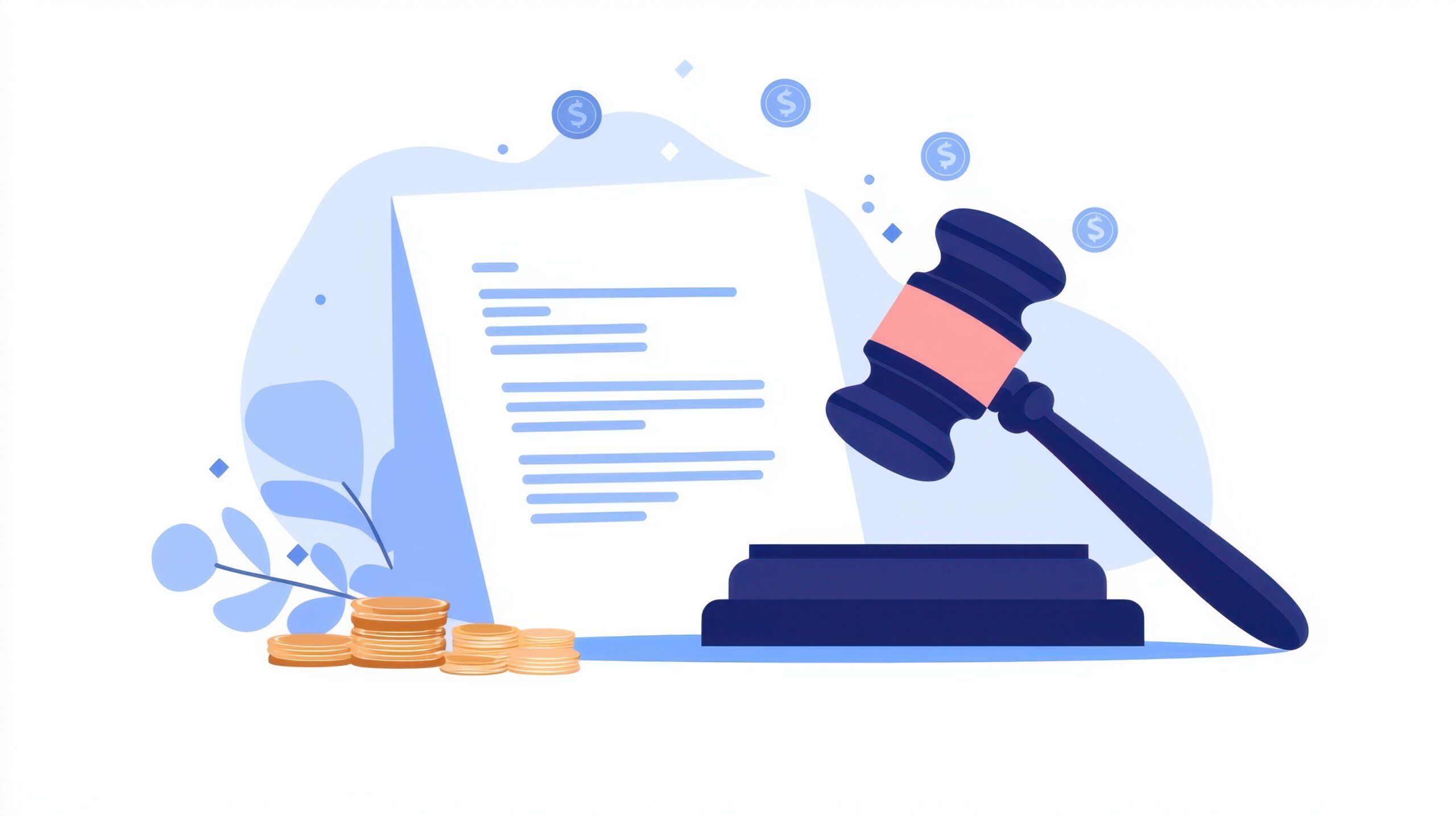 This illustration features a gavel beside a financial document and coins, symbolizing the intersection of law and finance, representing justice and economic transactions in a modern context.