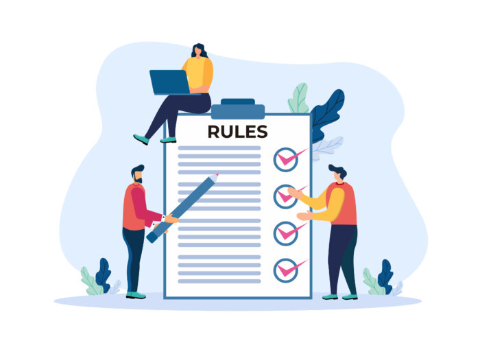 Business people studying list of rules, reading guidance, making checklist. Vector illustration for company order, restrictions, law, regulations concept