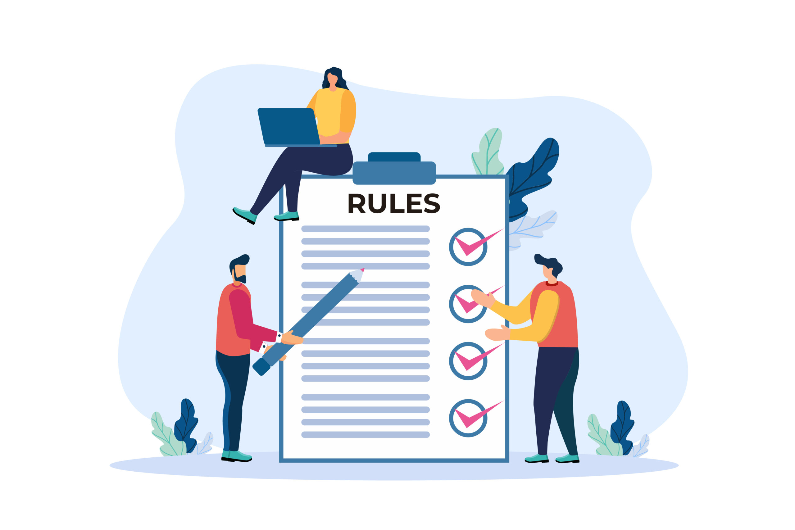 Business people studying list of rules, reading guidance, making checklist. Vector illustration for company order, restrictions, law, regulations concept