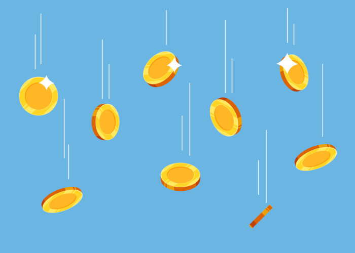 gold coins falling from the sky, gold coin falling on a blue background, gold money falling from the sky