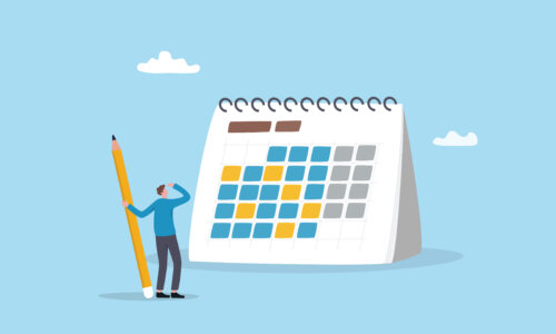 Calendar schedule, event or meeting reminder, date time planning, work deadline or appointment, due date organizer weekly review concept, businessman hold pencil thinking with calendar schedule plan.