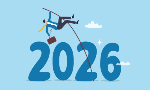 Year 2026 future success, new year ambition, goal or business target, opportunity or achievement motivation, aspiration or improvement, success businessman pole vault jumping over year 2026 number.