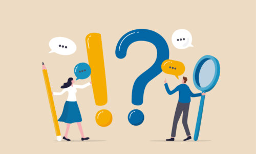 Question and answer, FAQ, frequently asked questions or problem solving, solution or support idea concept, businessman and woman with exclamation mark, question mark with speech bubble conversation.