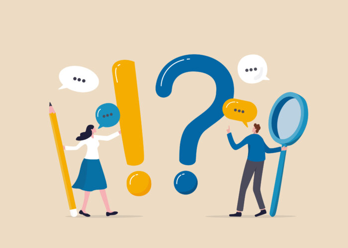 Question and answer, FAQ, frequently asked questions or problem solving, solution or support idea concept, businessman and woman with exclamation mark, question mark with speech bubble conversation.