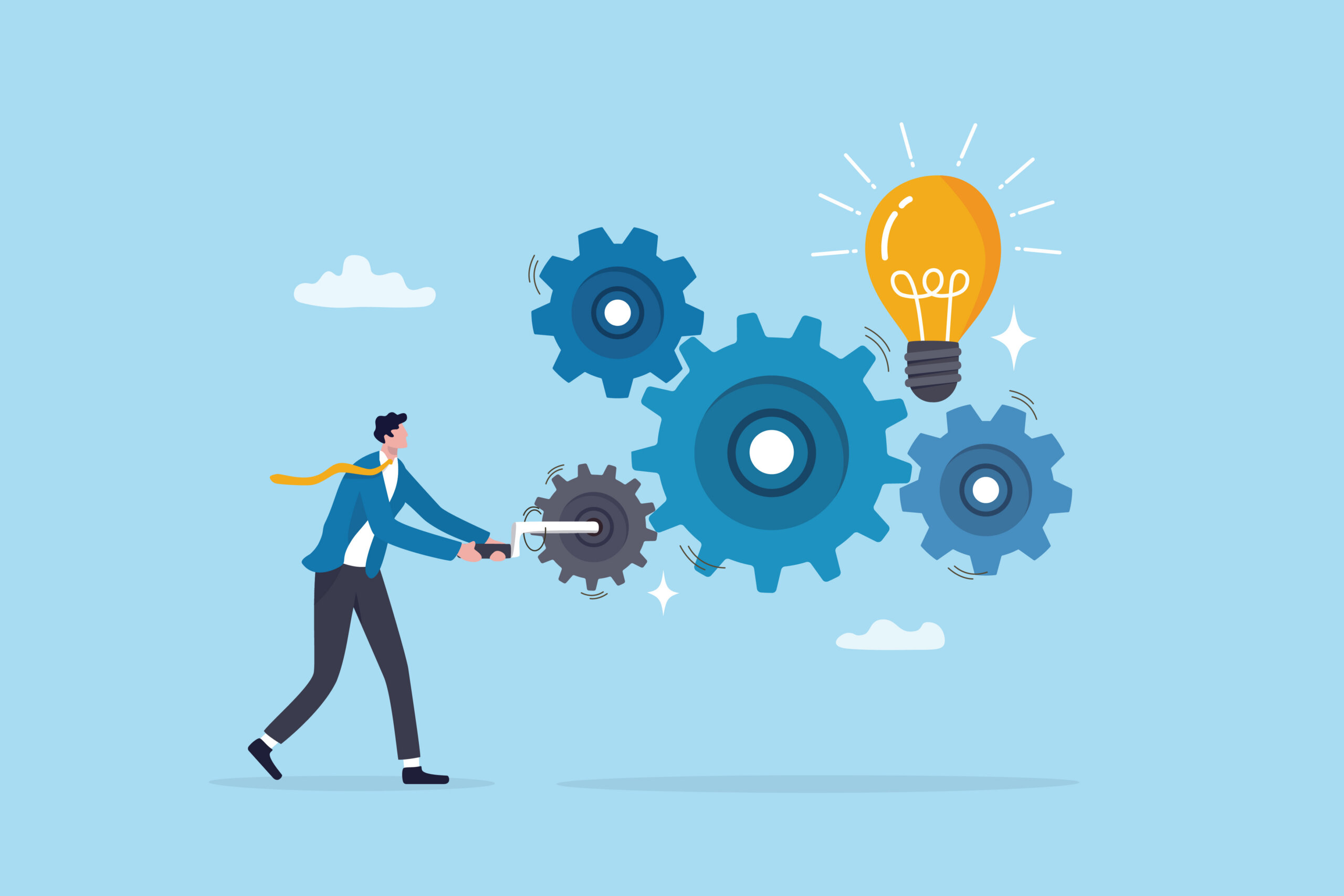 System development, innovation to get idea, solution or improvement, efficiency, effort or working progress, automation concept, businessman turning cogwheel to help system get new lightbulb idea.