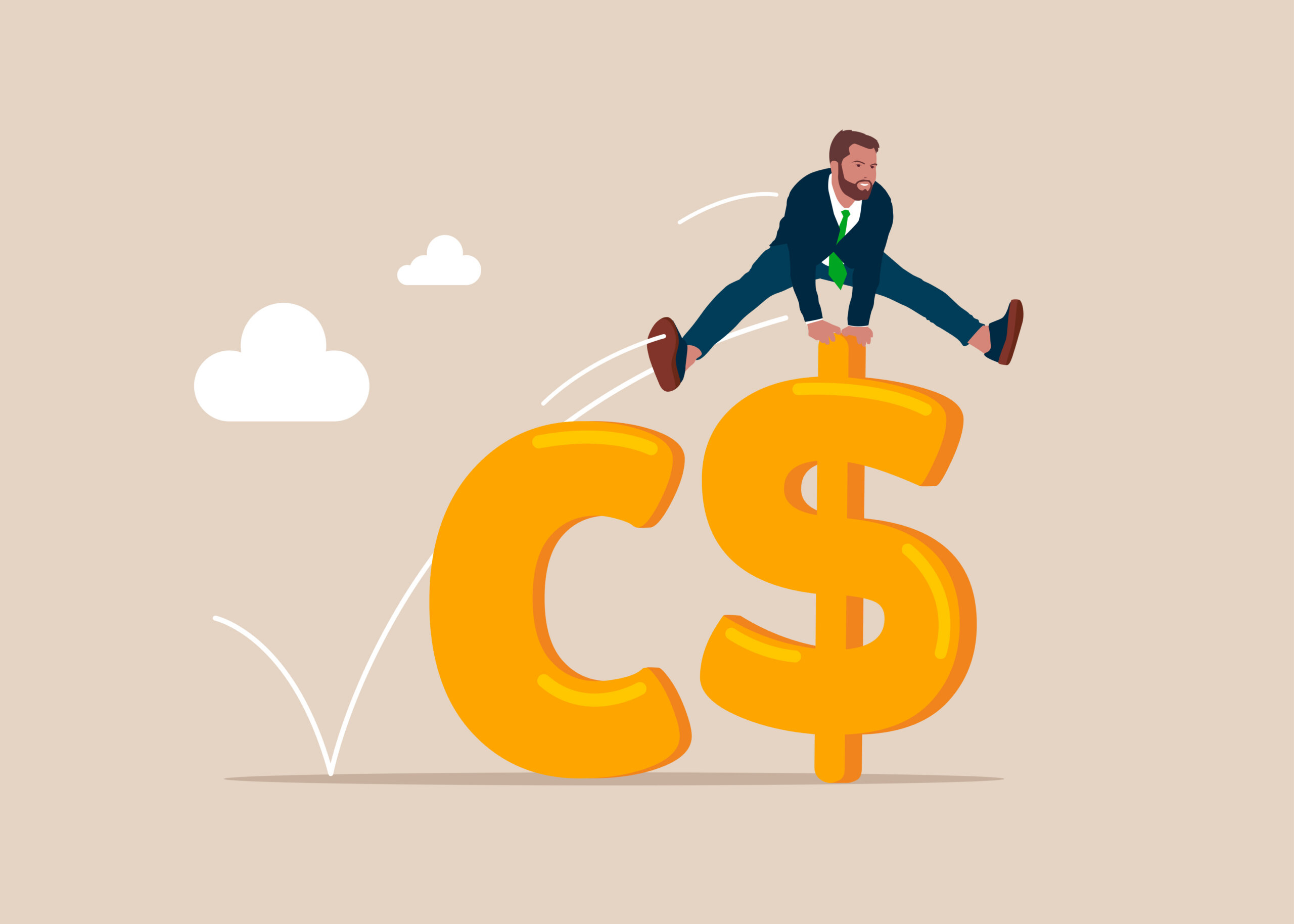 Businessman jumping over on sign Canadian Dollar. Worker employee overcome barrier solve trouble. Canadian Dollar price soaring sky high hit new high record concept. Challenge concept. Vector.