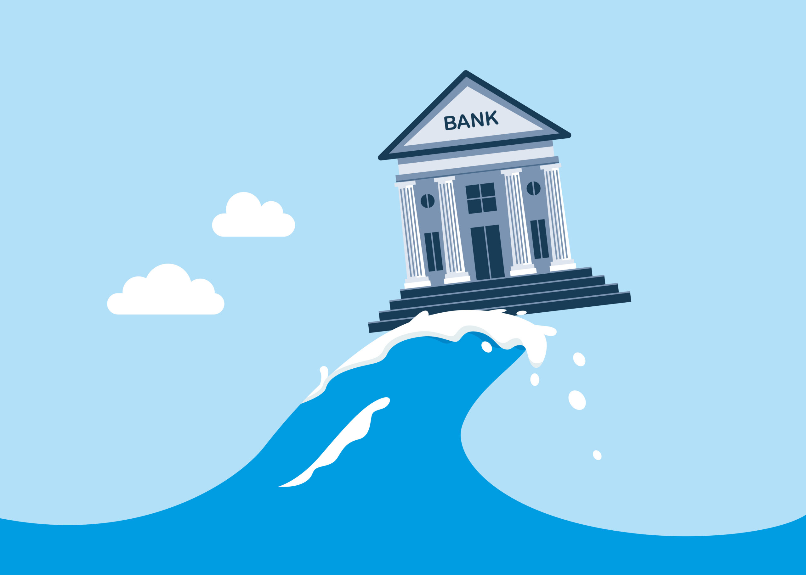 Surfing bank house. Opportunities in the economy and financial crisis. Challenge to overcome difficulty. Flat vector illustration