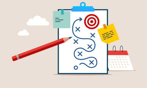 Route to the goal. Working with plan on paper. Plan on paper. Strategy, marketing, business development. Flat vector illustration.