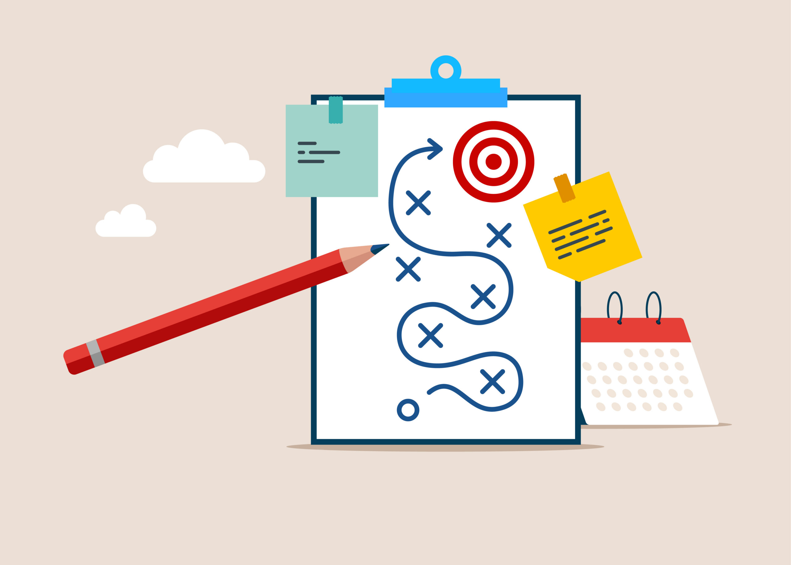 Route to the goal. Working with plan on paper. Plan on paper. Strategy, marketing, business development. Flat vector illustration.