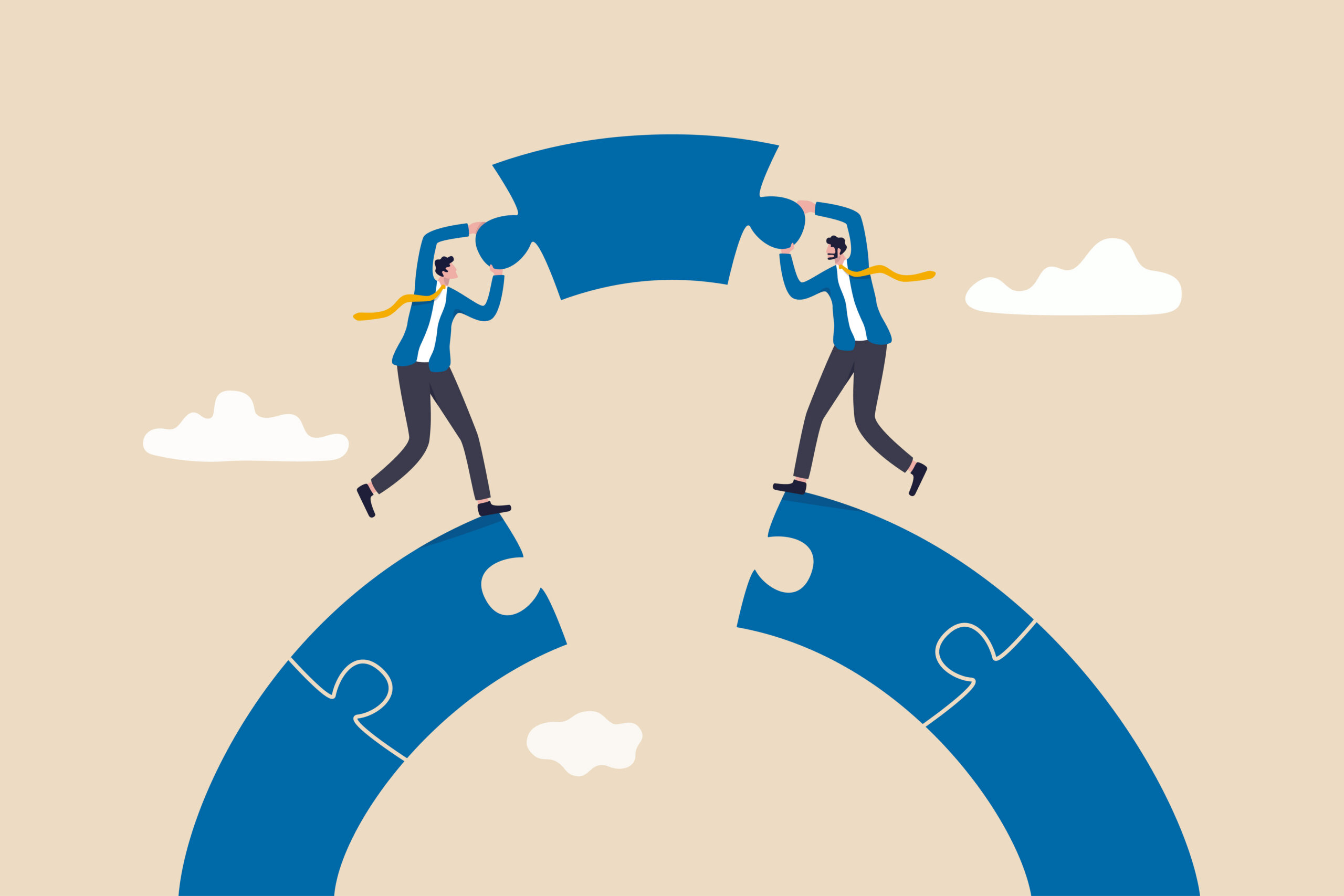 Business teamwork and partnership help to achieve team success, think together to solve business problem, business connection concept, businessmen working team building connect jigsaw puzzle bridge.