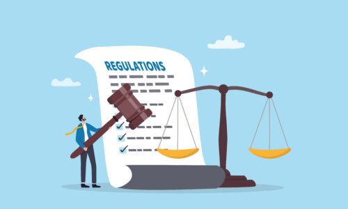 Regulations, law or rules, authority, legislation or government lawsuit, legal document justice or courthouse, verdict or punishment concept, businessman hold gavel with scale and regulation document.