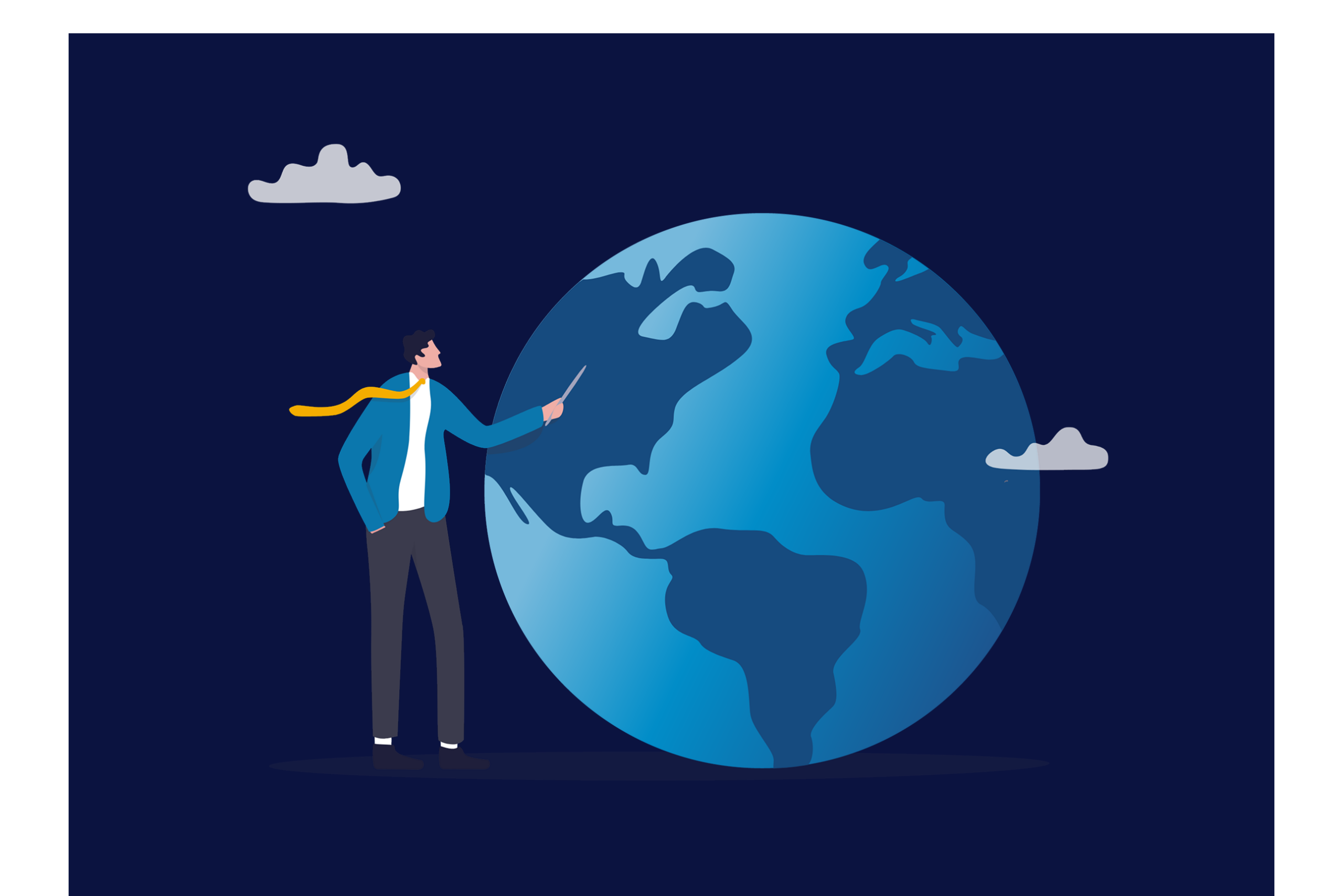World economics worldwide international business, oversea trade network industry, global diplomacy, commerce or distribution, businessman pointing presentation on global world opportunity supply.