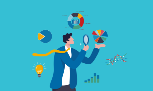 Data analysis chart and report, financial research or analyze information for marketing insight, analytics or optimization diagram, smart information, businessman analyze data with magnifying glass.
