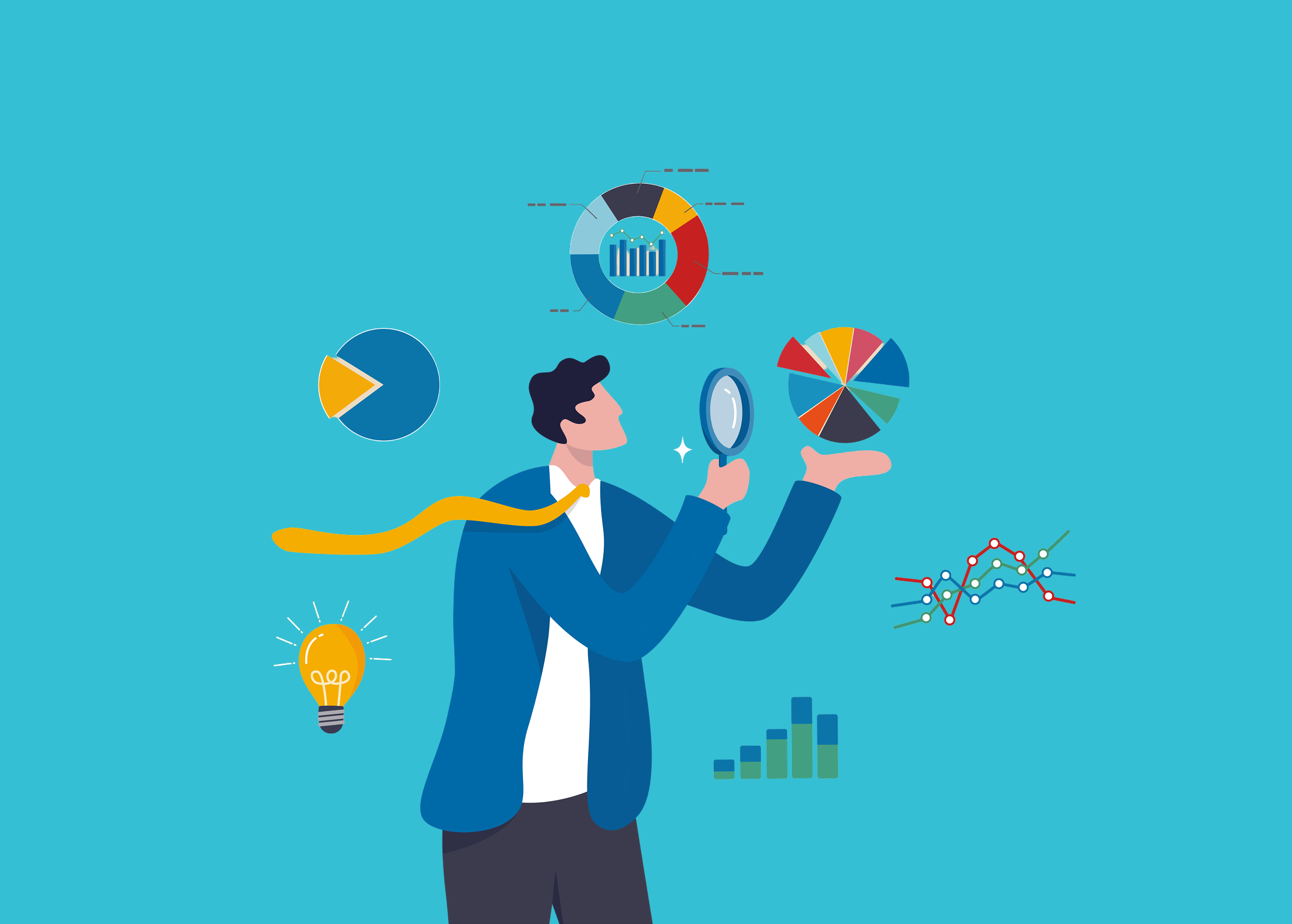Data analysis chart and report, financial research or analyze information for marketing insight, analytics or optimization diagram, smart information, businessman analyze data with magnifying glass.