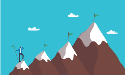 Milestone to reach goal or success target, strategy to progress achievement, leadership planning or advancement, improvement step to mission objective, businessman on mountain looking for next target.