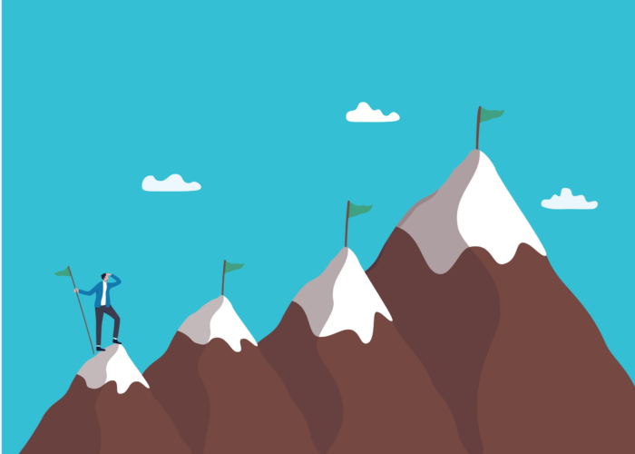 Milestone to reach goal or success target, strategy to progress achievement, leadership planning or advancement, improvement step to mission objective, businessman on mountain looking for next target.
