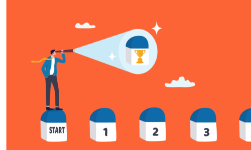 Business milestones or achievement to reach goal or success, progress development, vision to see target destination, step to success, businessman look on telescope to see success trophy milestone.