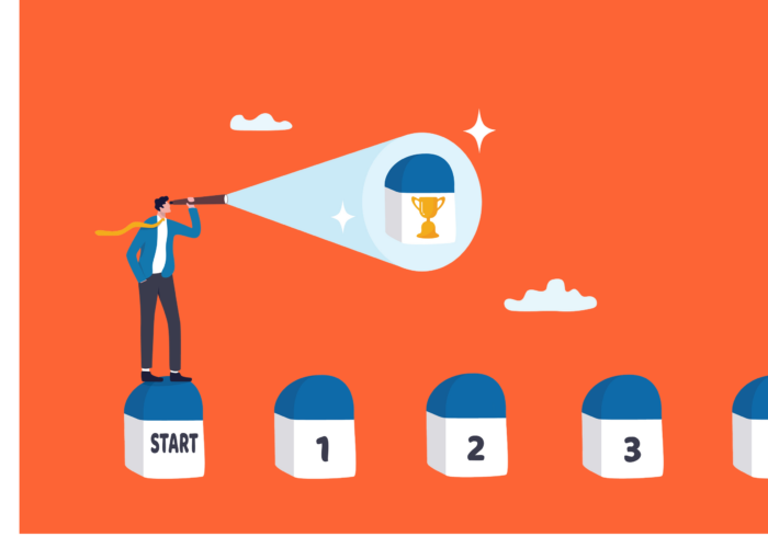 Business milestones or achievement to reach goal or success, progress development, vision to see target destination, step to success, businessman look on telescope to see success trophy milestone.