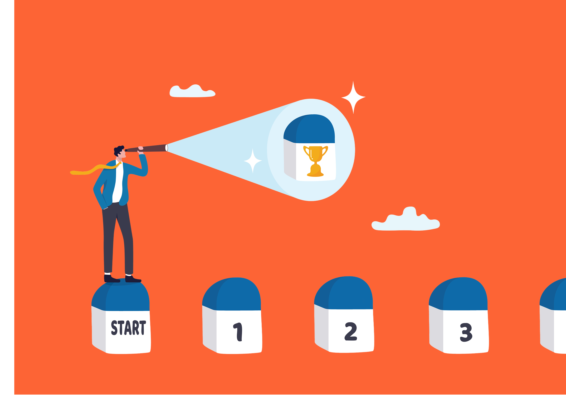 Business milestones or achievement to reach goal or success, progress development, vision to see target destination, step to success, businessman look on telescope to see success trophy milestone.