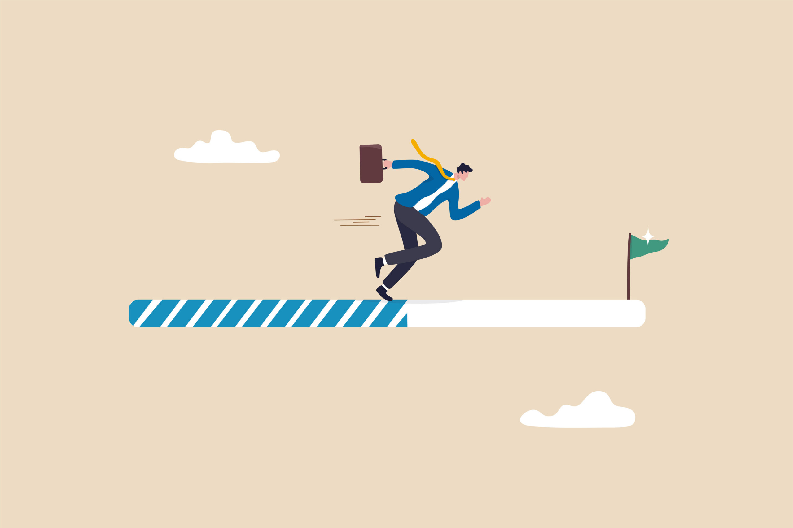 Progress or journey to success or achieve goal, business step or career path, mission or challenge to succeed, improvement concept, ambitious businessman run on progress bar to achieve success flag.