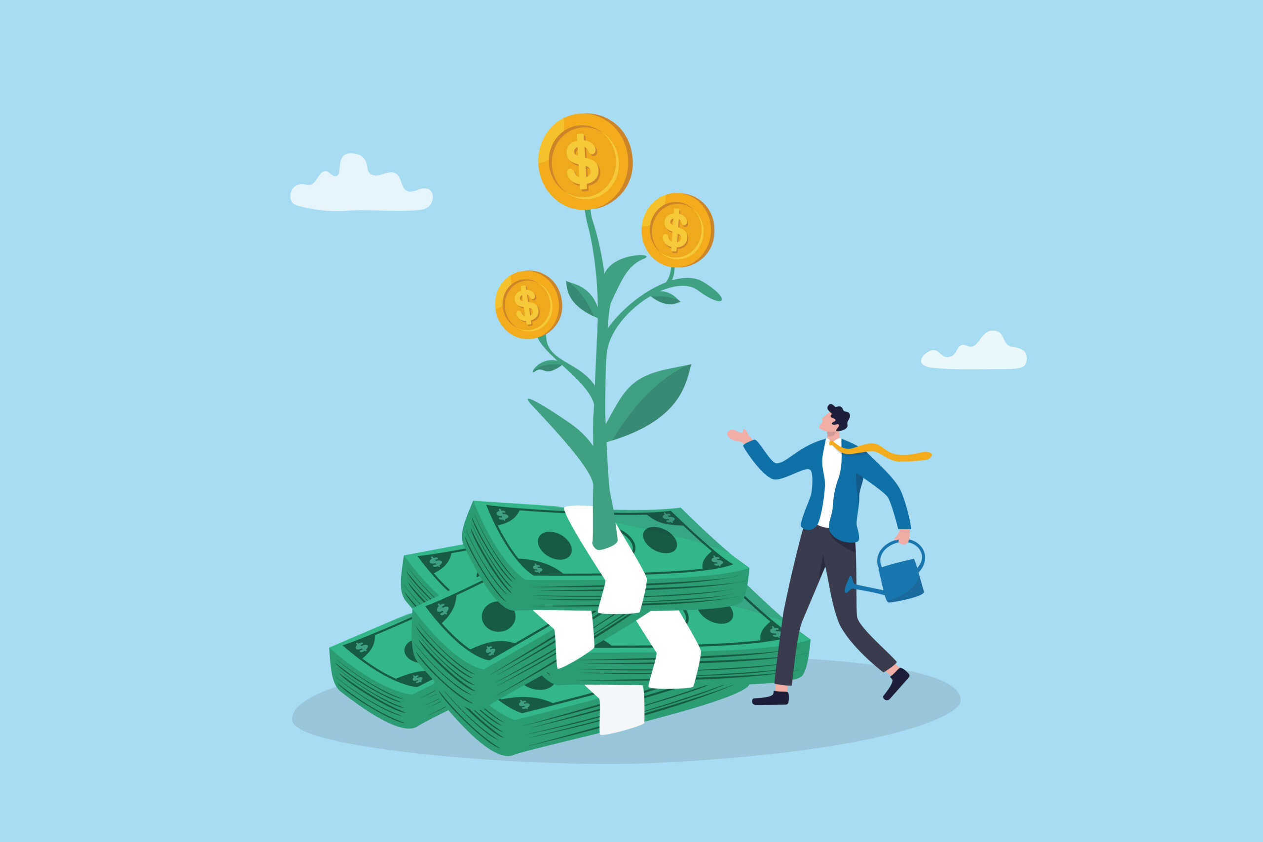 Investment profit growth, wealth accumulation interest rate return, growing money, income or revenue, asset value increase, portfolio, businessman watering growing money plant with prosperity.
