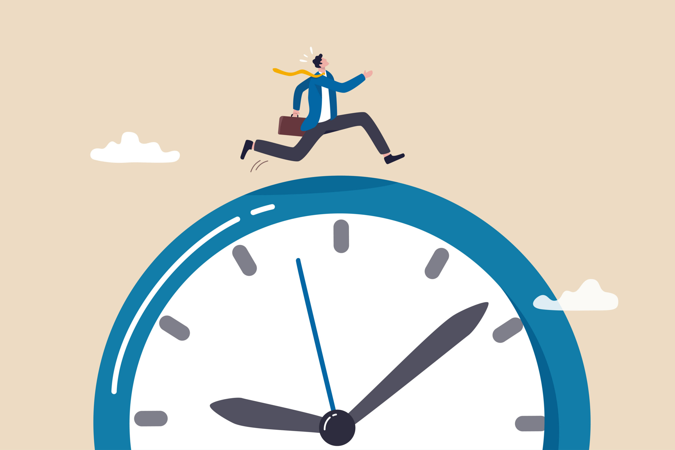 Time run out, deadline or hurry to go to the office late, urgency or determination to finish work fast, stressed or anxiety to complete work concept, hurry businessman run fast on time run out clock.